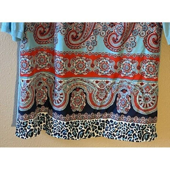 COPY - Talbots Knit Top Petite Medium Blue Paisley Contrasting Fabric Animal Pr… - Picture 3 of 8